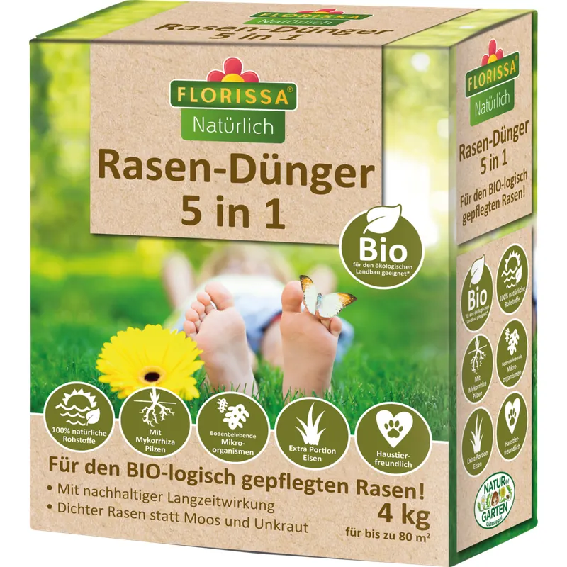 Florissa Bio Natürlich Rasen-Dünger 5 in 1, 4 kg