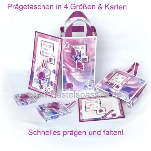 Taschen Basteln! Zum Prägen und Falten aus hochwertigem Design Papier! VE 11 Taschen in 4 Größen plus 6 Karte,Set in lila-flieder